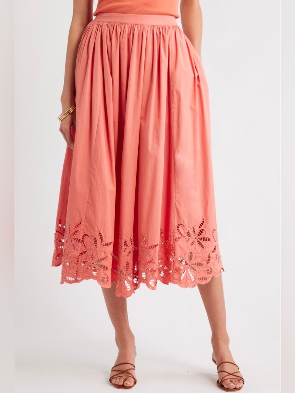 NWT NORDSTROM Coral Apricot Schiffly Embroidered Hem Poof Cotton Midi Skirt